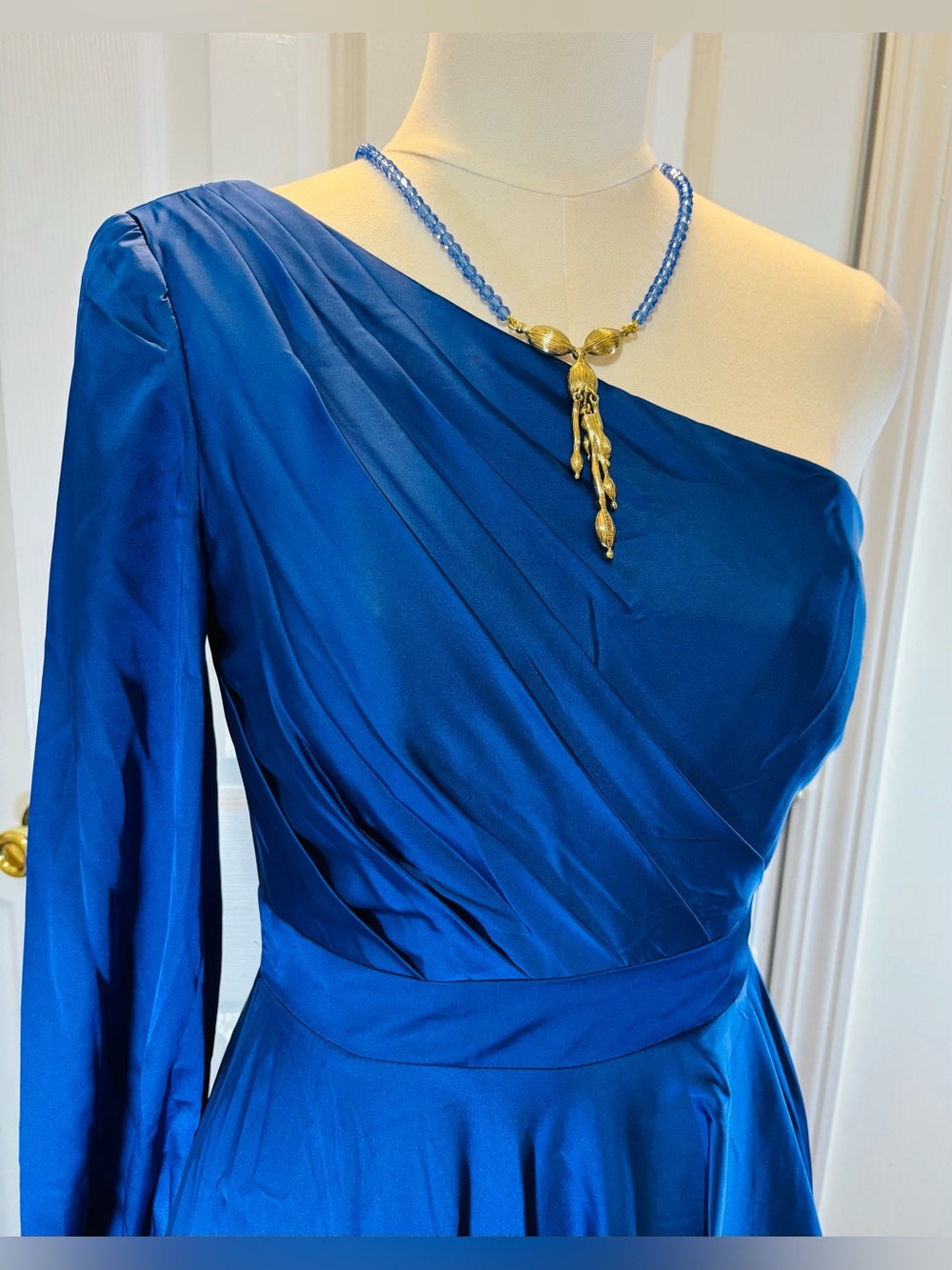 Mac Duggal One-Shoulder Cobalt Blue High-Low Satin Gown - Picture 3 of 10